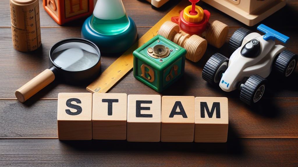 Among some children's toys, there are five wooden alphabet blocks spelling out the word STEAM