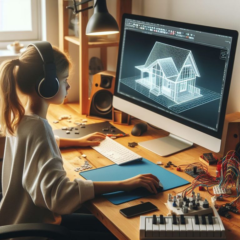 A girl designing a 3D house on a computer